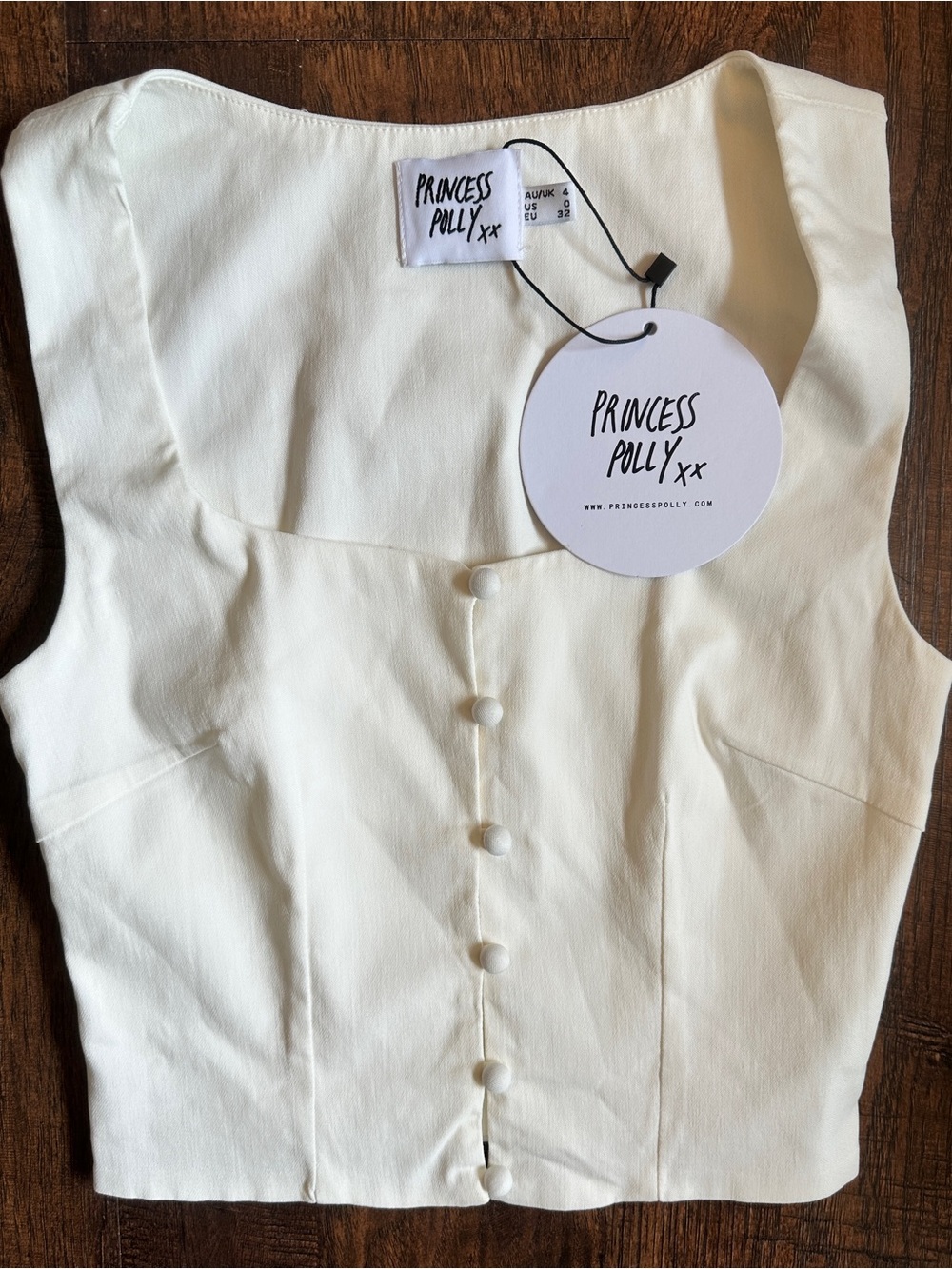 Princess Polly Romano Top White Sleeveless Button Back Crop Top US 0 NWT